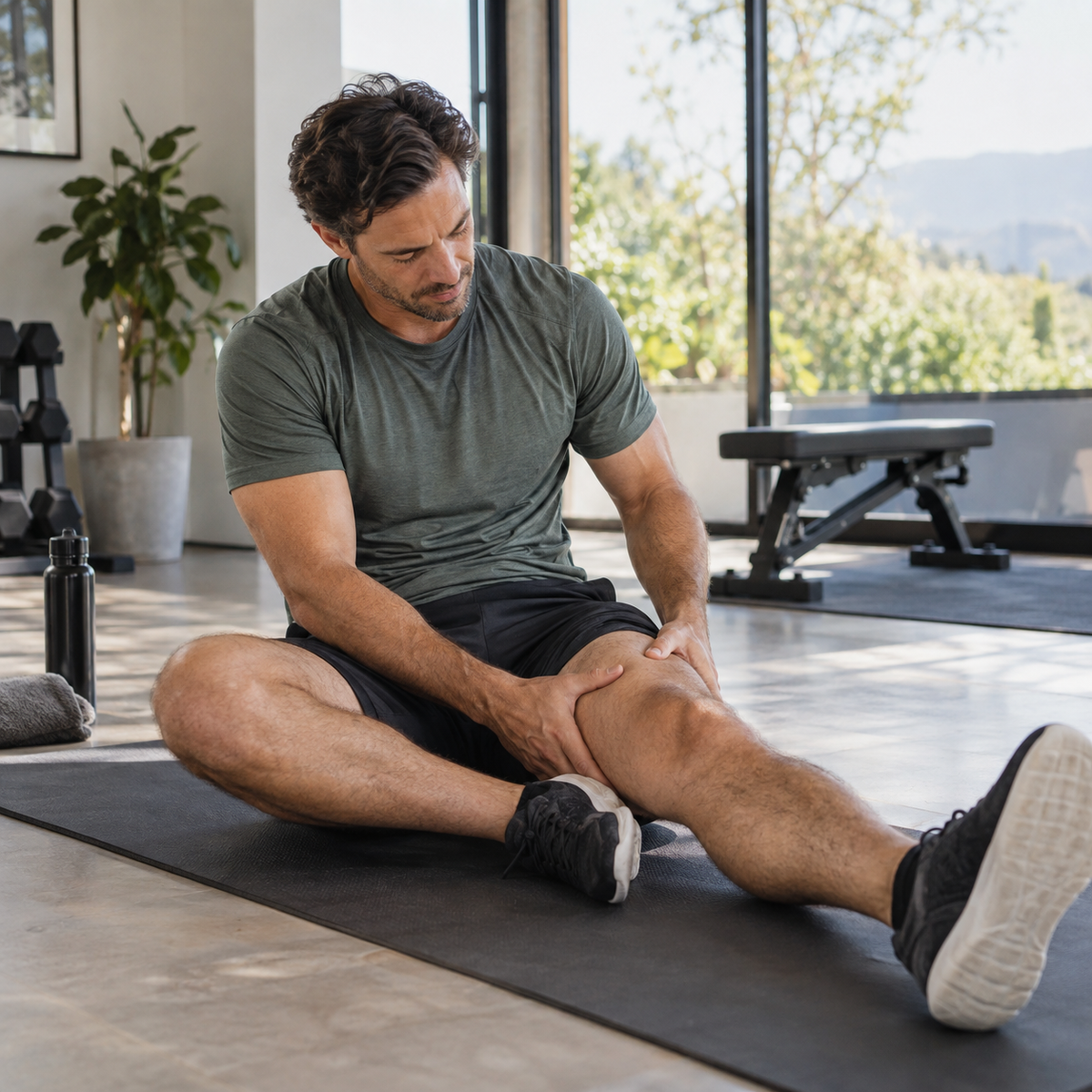 Active adult stretching after a workout in a bright home fitness space