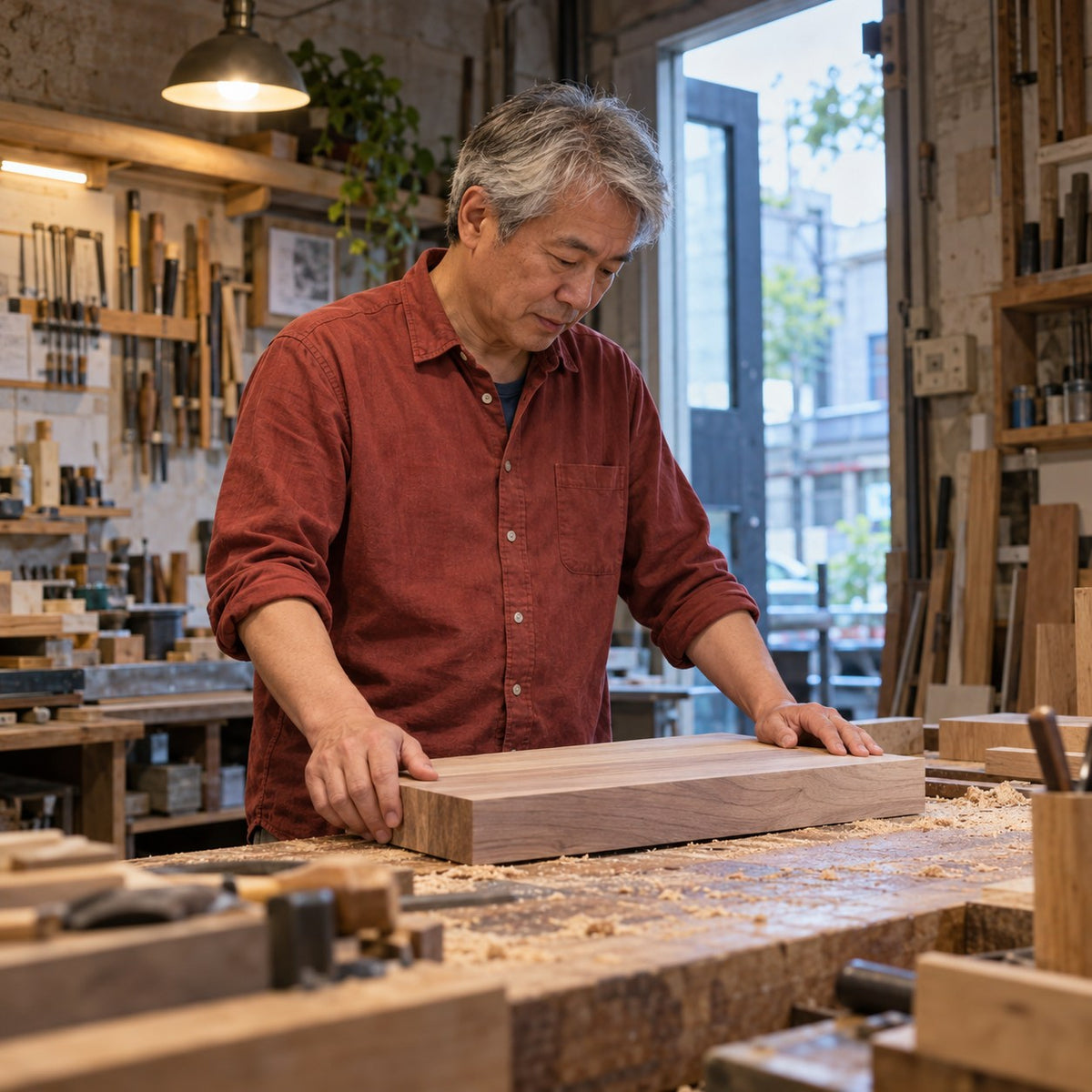 Man examining timber on a workbench in a woodworking studio