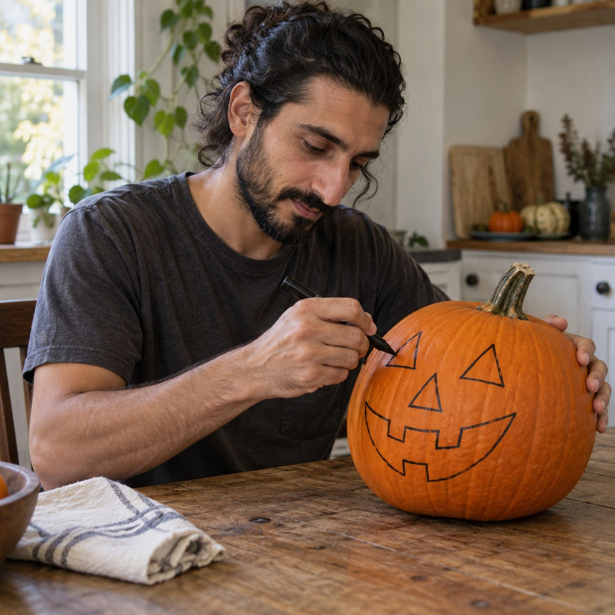 Man drawing a face on a whole pumpkin with a marker