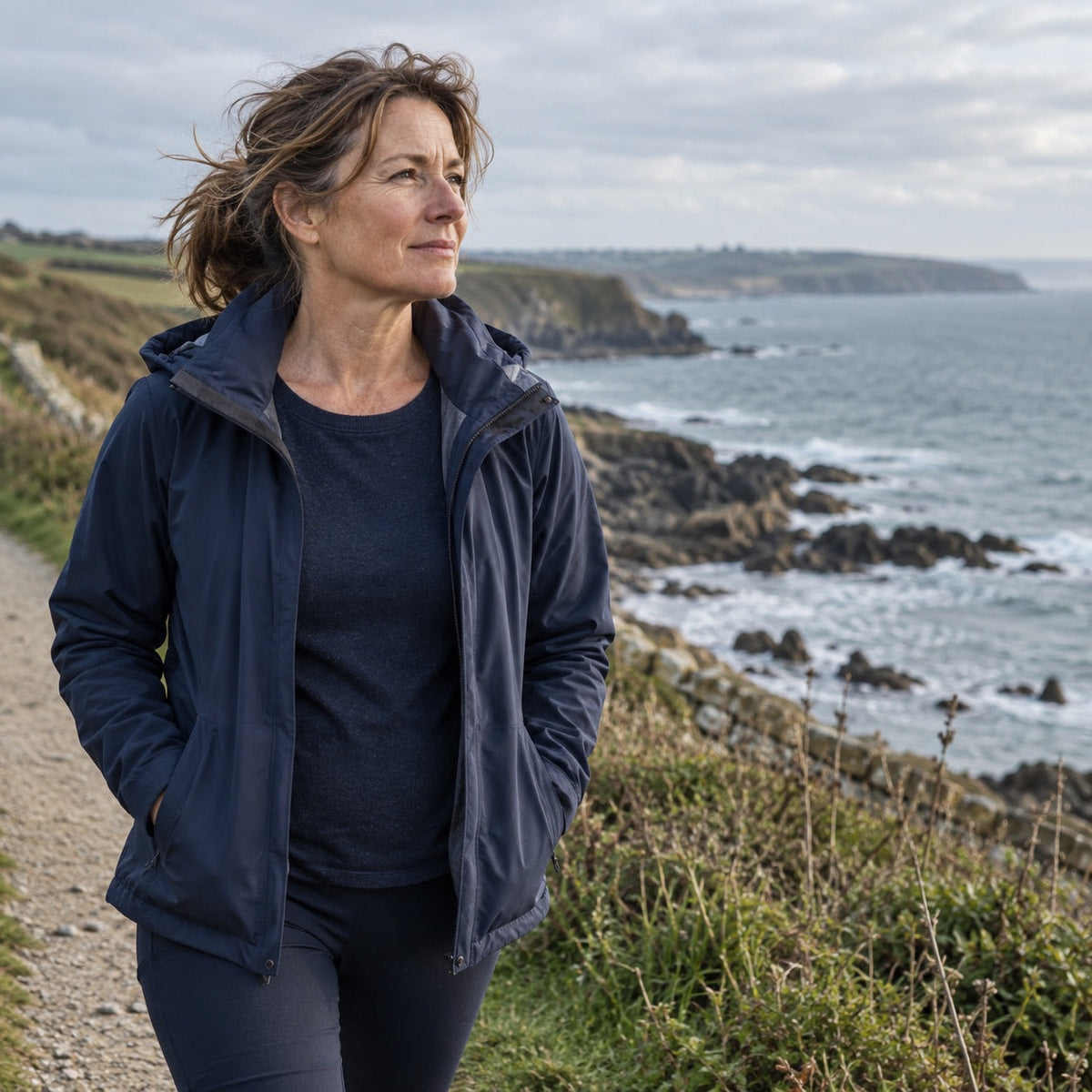 Woman pausing on a coastal path after a morning walk