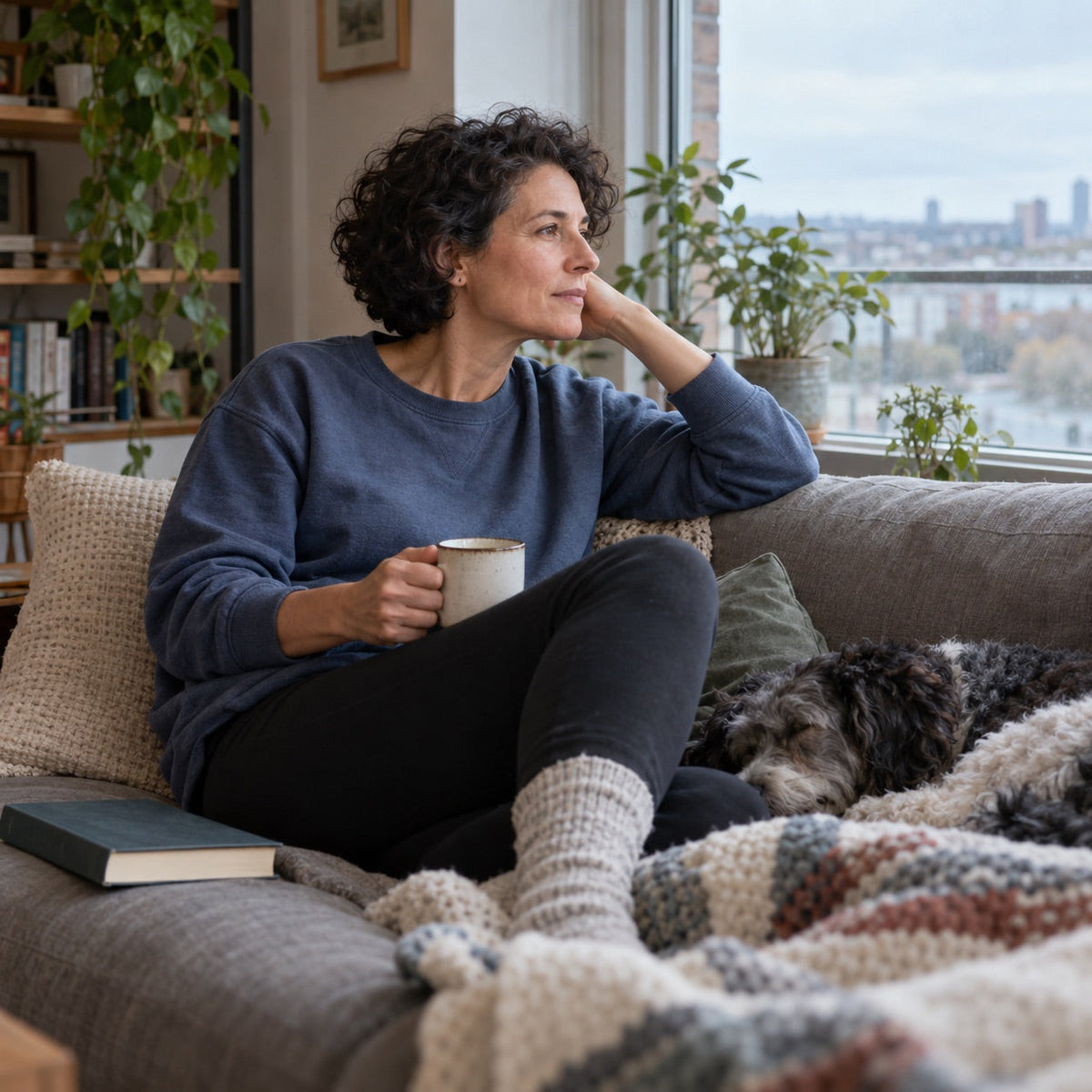 Woman sitting by a window with a mug in a lived-in apartment