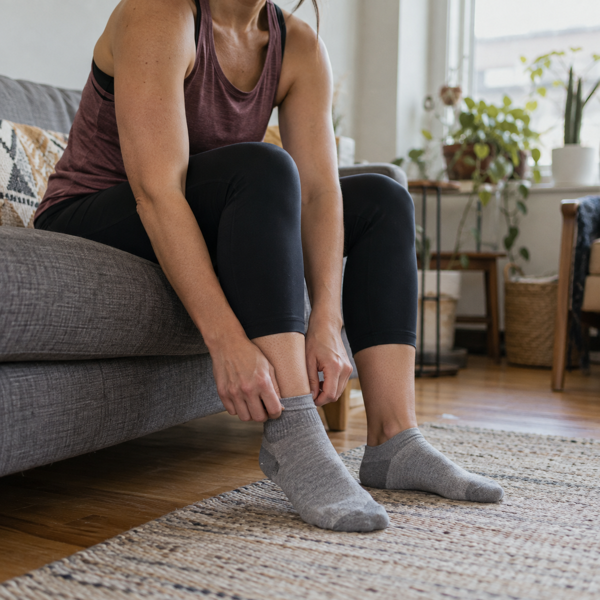 A person preparing for a light workout at home