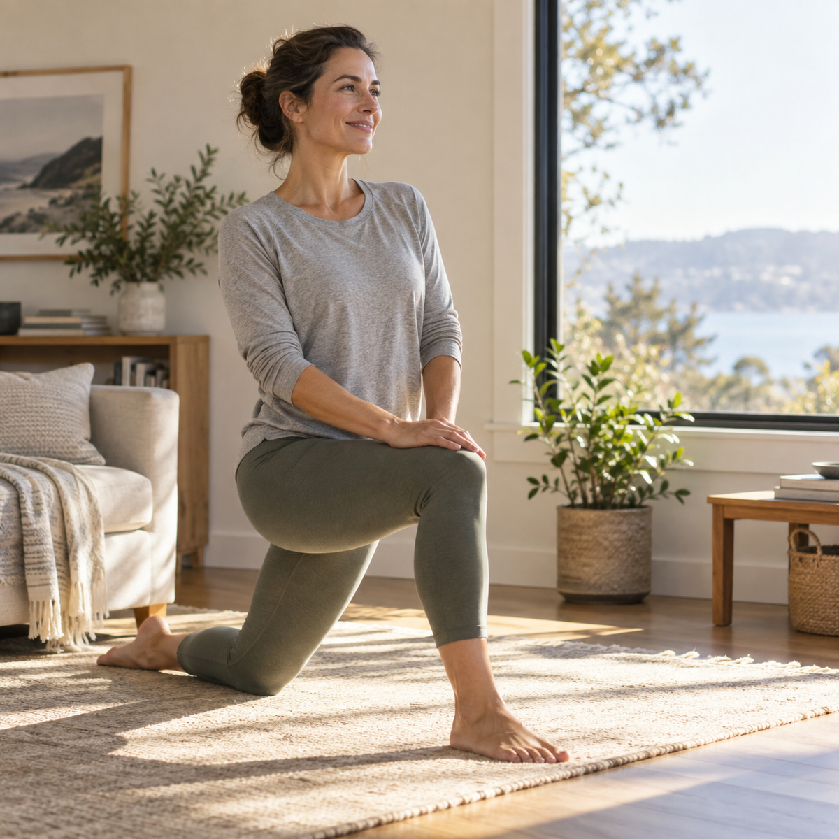 Adult gently stretching one hip flexor in a sunlit home