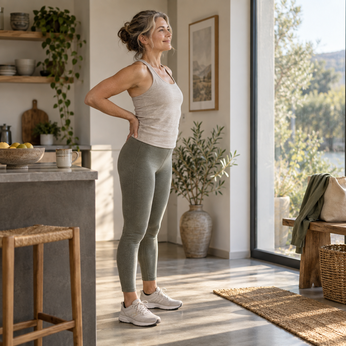 Adult preparing for a comfortable walk after a gentle lower-back stretch