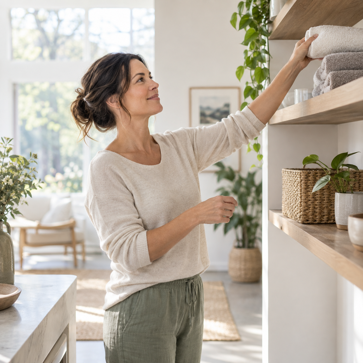 Adult reaching comfortably to a shelf during an everyday shoulder movement