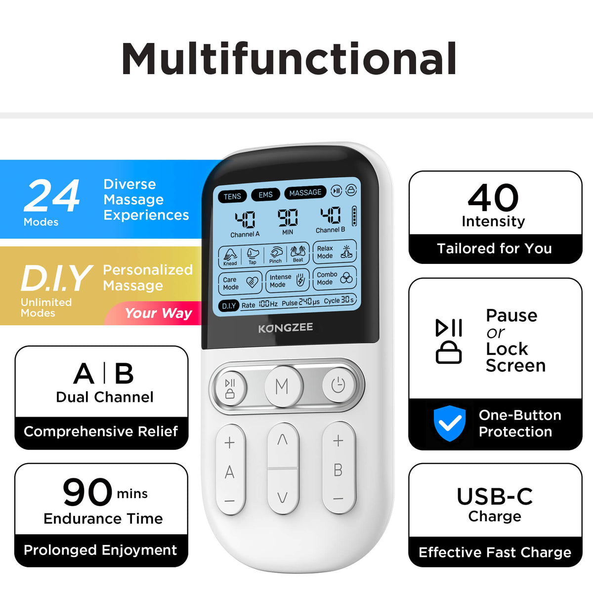 Multifunctional 4-in-1 TENS EMS unit features list including 24 modes DIY custom settings 40 intensity levels dual channel and USB-C rechargeable battery