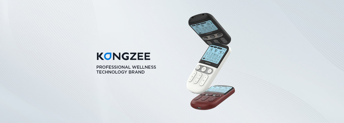 Kongzee professional wellness technology brand banner displaying advanced black white and red TENS EMS muscle stimulator devices