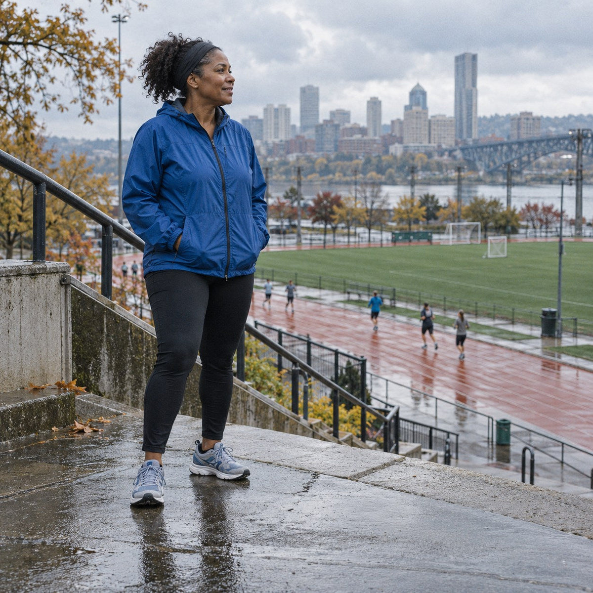 Woman in a blue windbreaker beside a city athletics track after rain