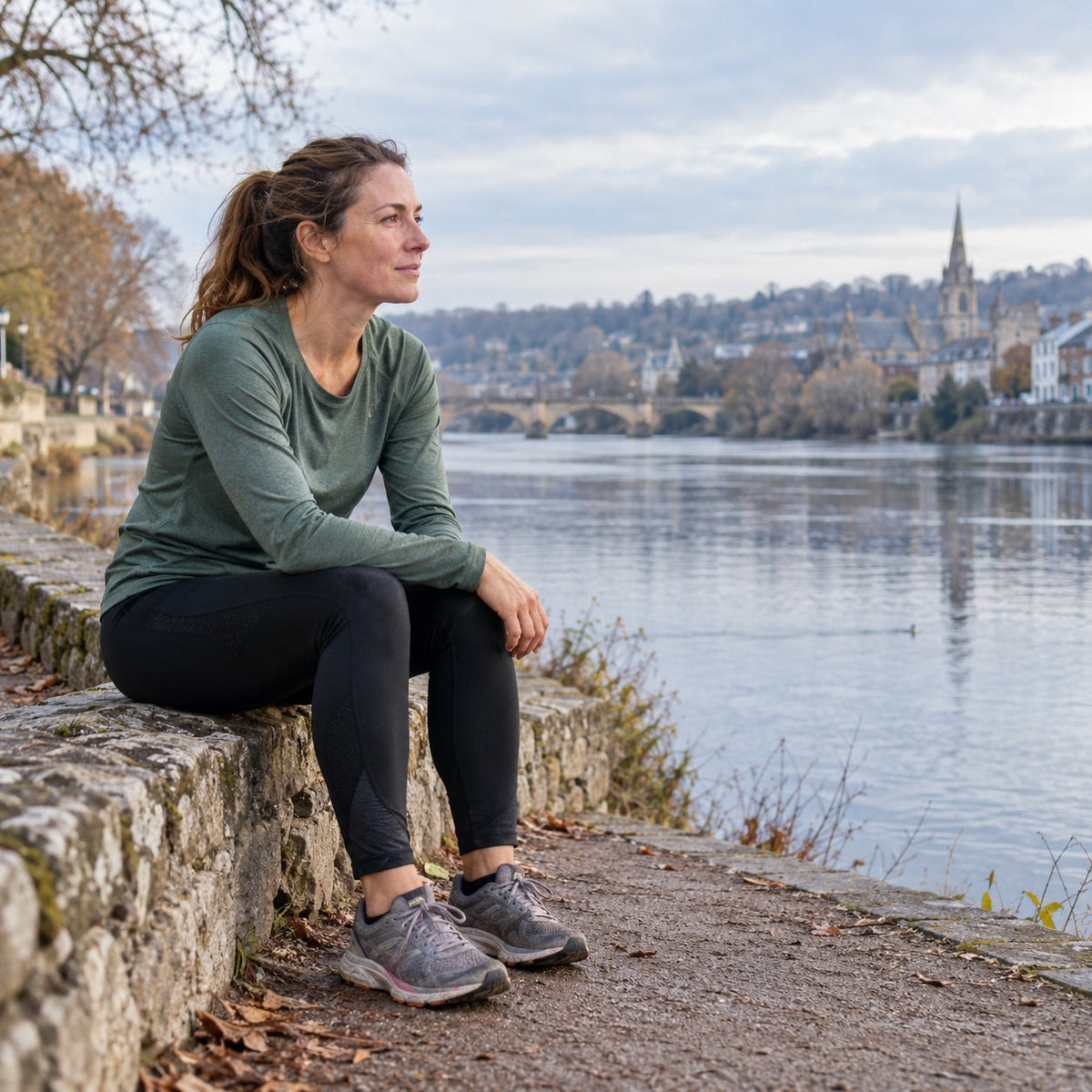 Woman in running clothes resting beside a river