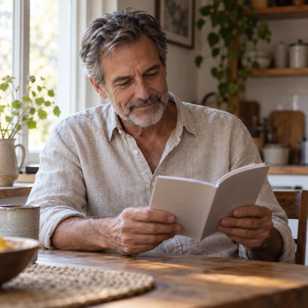 Man reading a booklet at a kitchen table