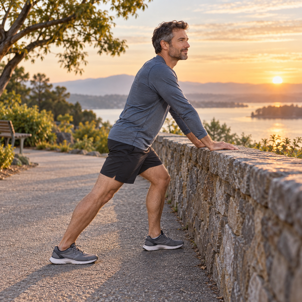 Adult man doing a gentle calf stretch on a scenic park path