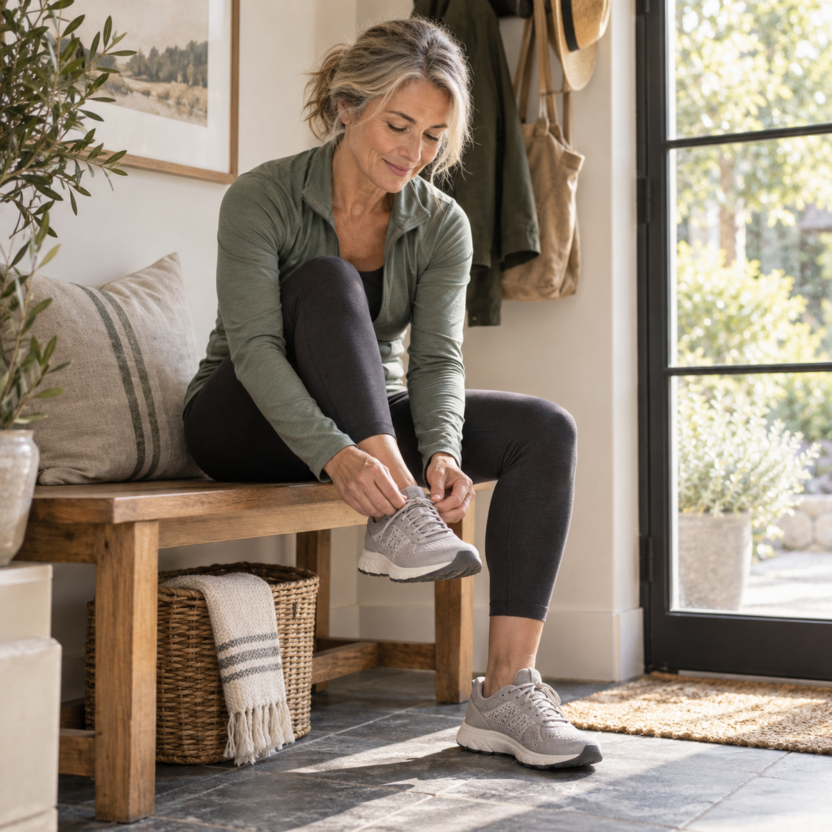 Adult tying a walking shoe before a comfortable outdoor walk