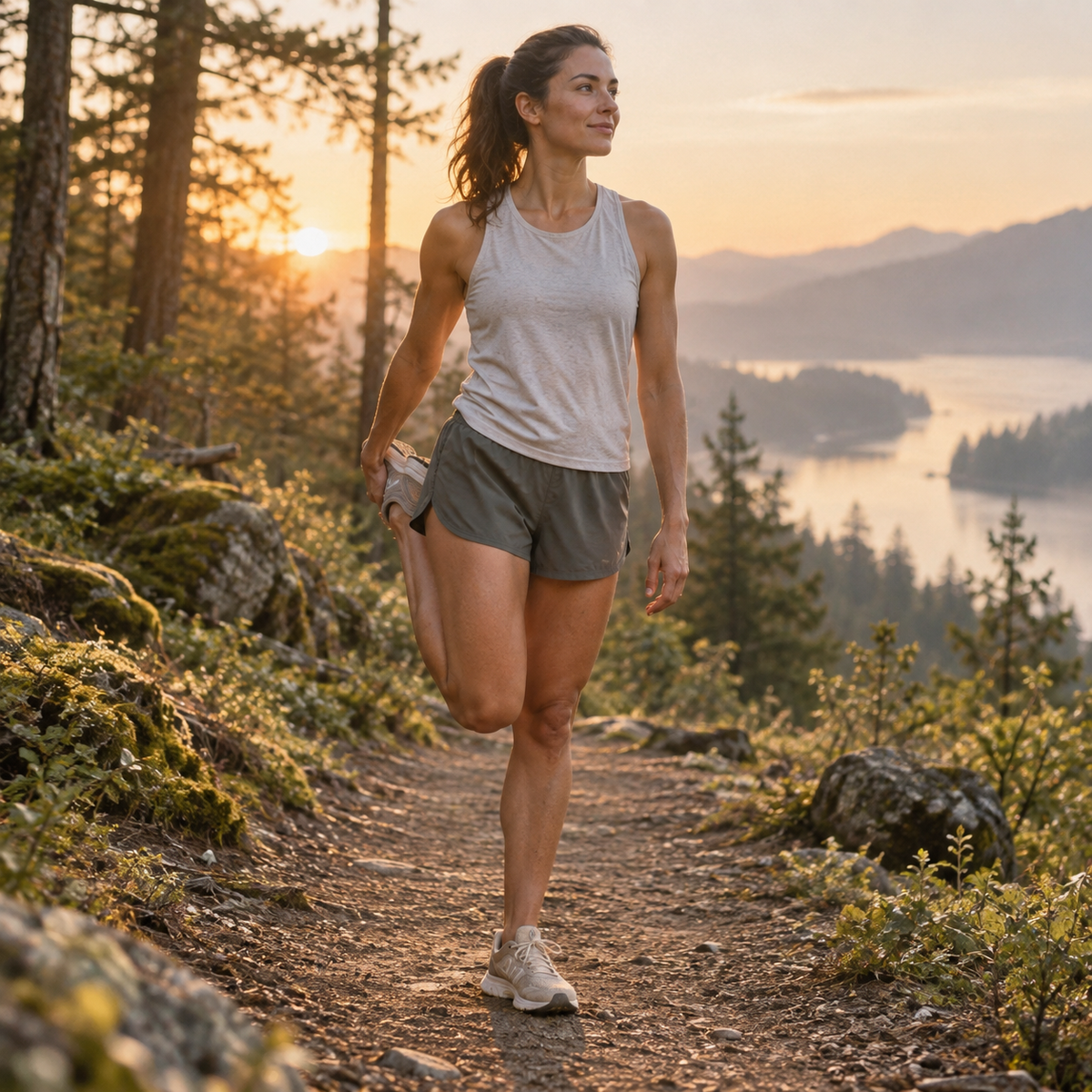 Runner stretching comfortably on a quiet forest trail at sunrise