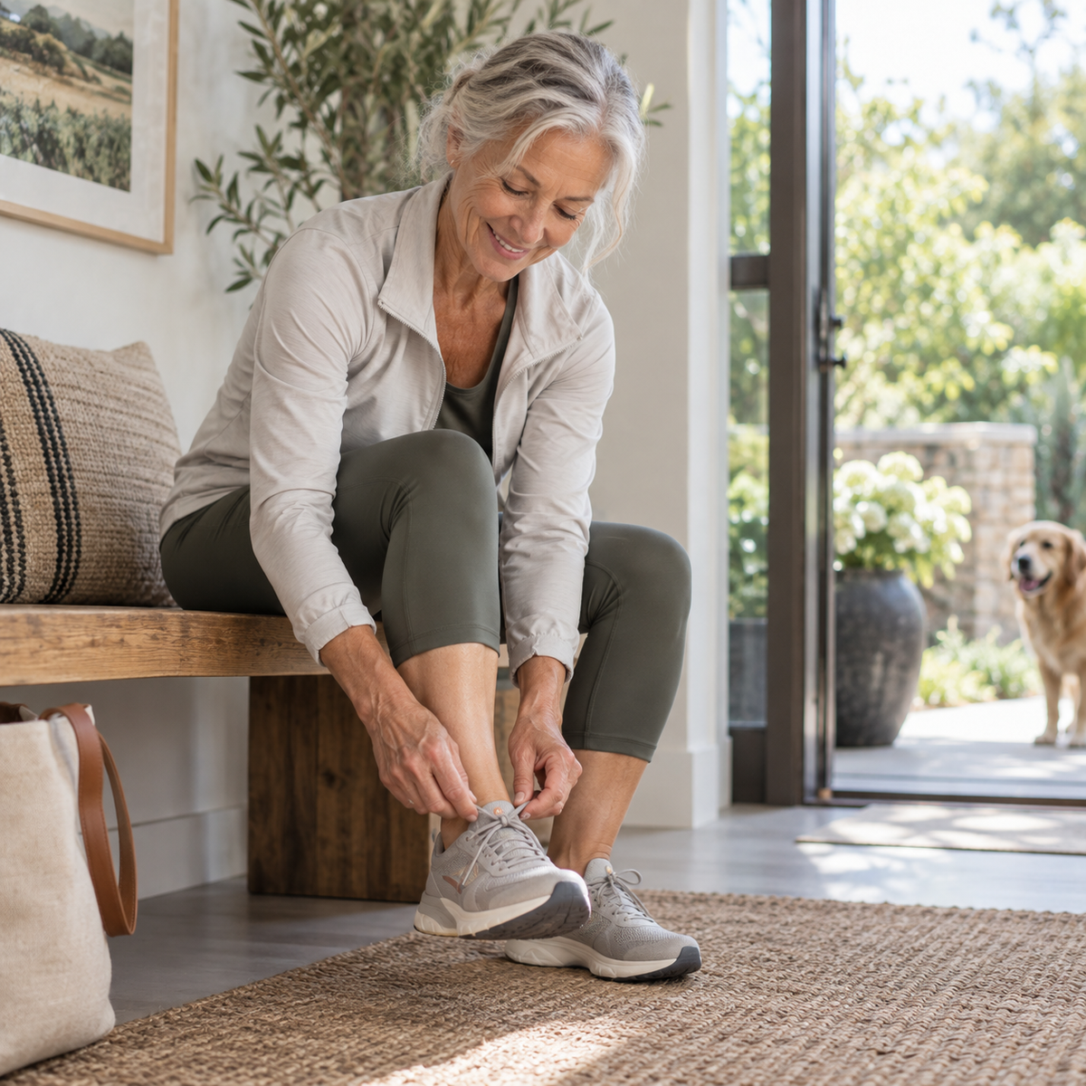 Active older adult tying a walking shoe before a comfortable outdoor walk