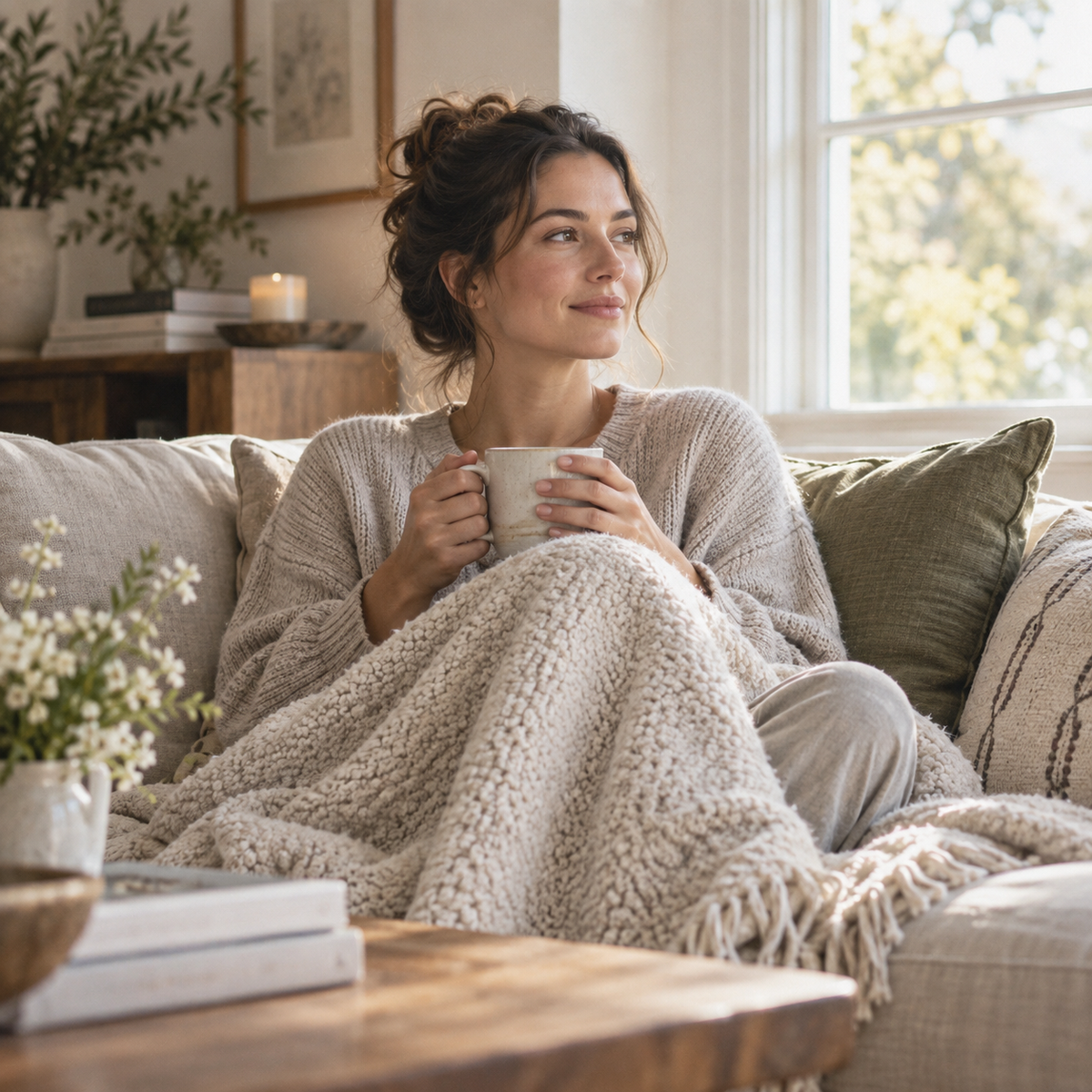 Adult woman resting comfortably with tea in a sunlit home
