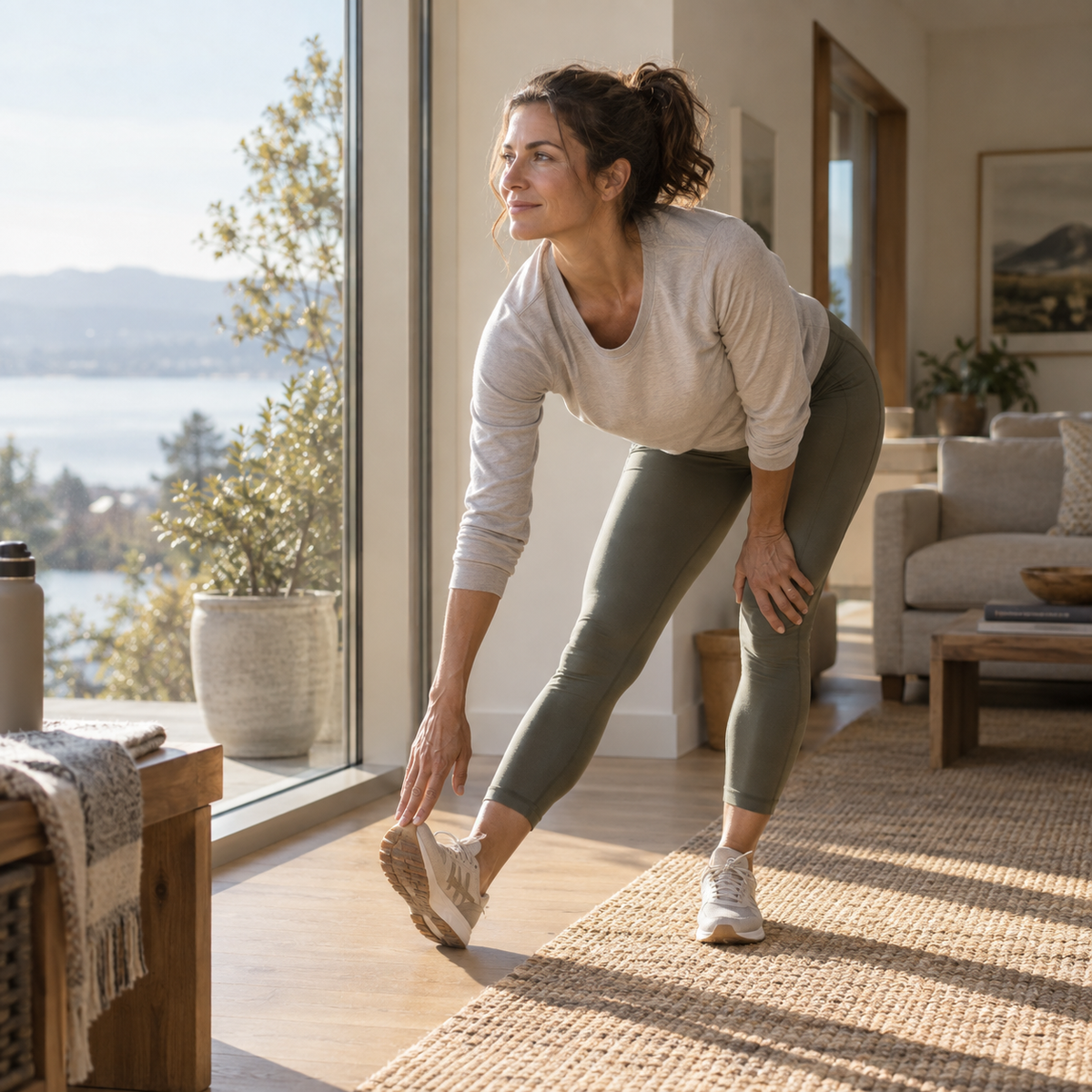 Adult gently stretching one leg at home as part of a comfortable movement routine