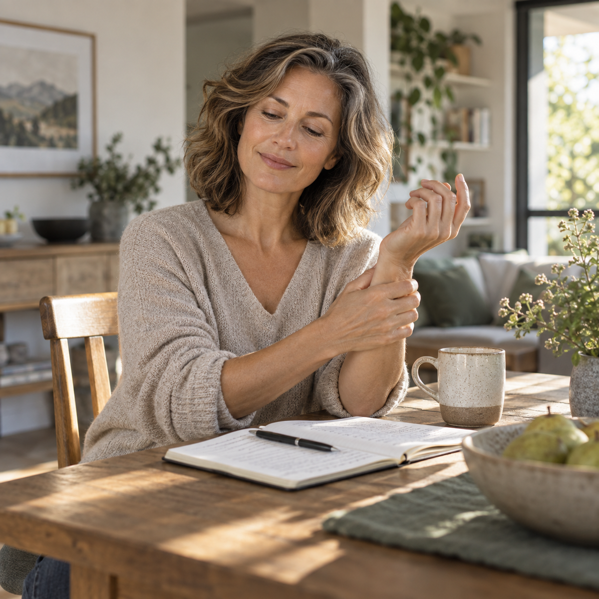 Adult gently moving one wrist during a calm break from writing