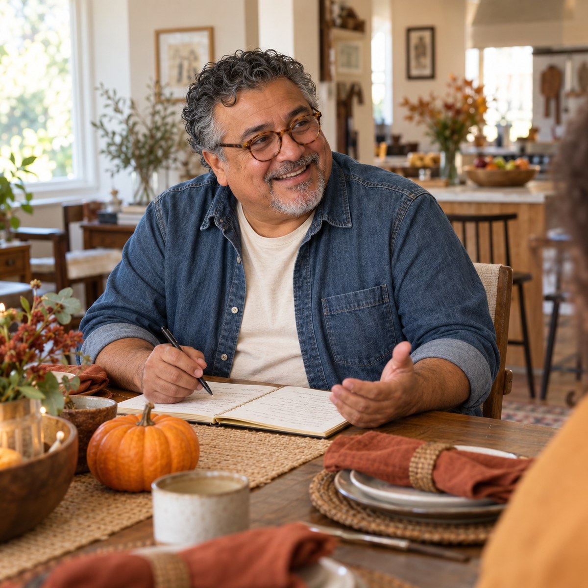 An adult host planning a Thanksgiving meal at a dining table