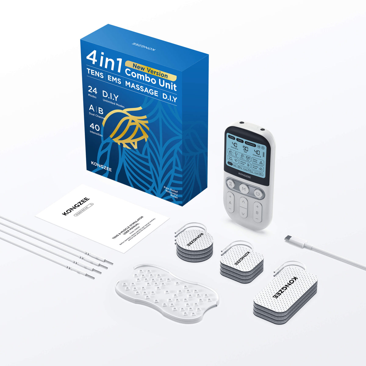 Kongzee 4-in-1 DIY TENS EMS unit full kit with 12 electrode pads 40 intensities and rechargeable controller for home pain relief