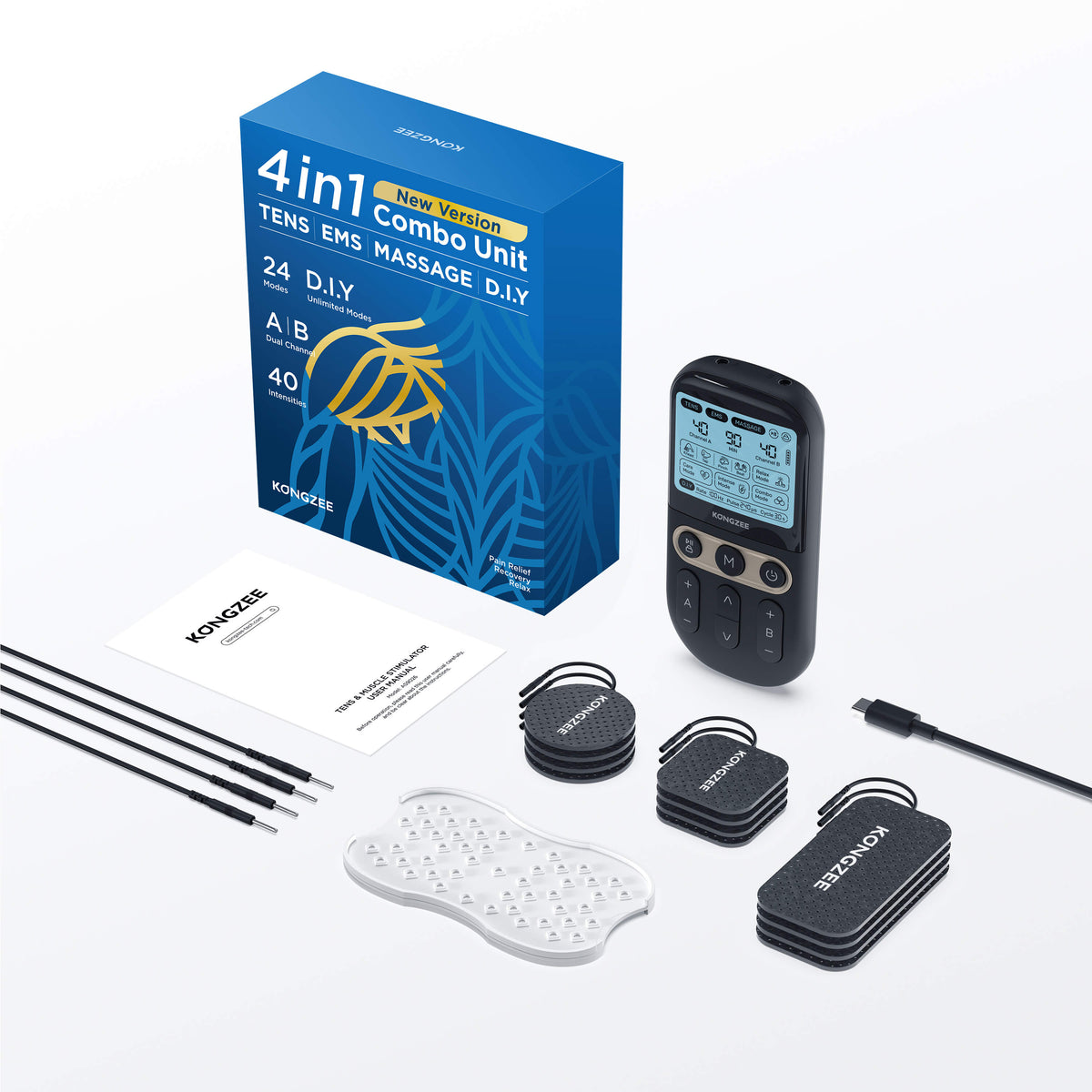 Black Kongzee 4-in-1 DIY TENS EMS unit full kit with 12 black electrode pads 40 intensities and rechargeable controller