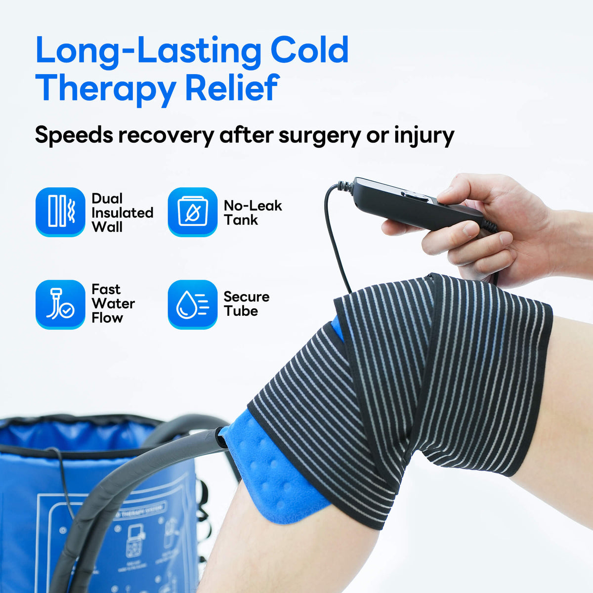 Long lasting cold therapy ice machine with dual insulated leak-proof tank for faster post surgery knee recovery