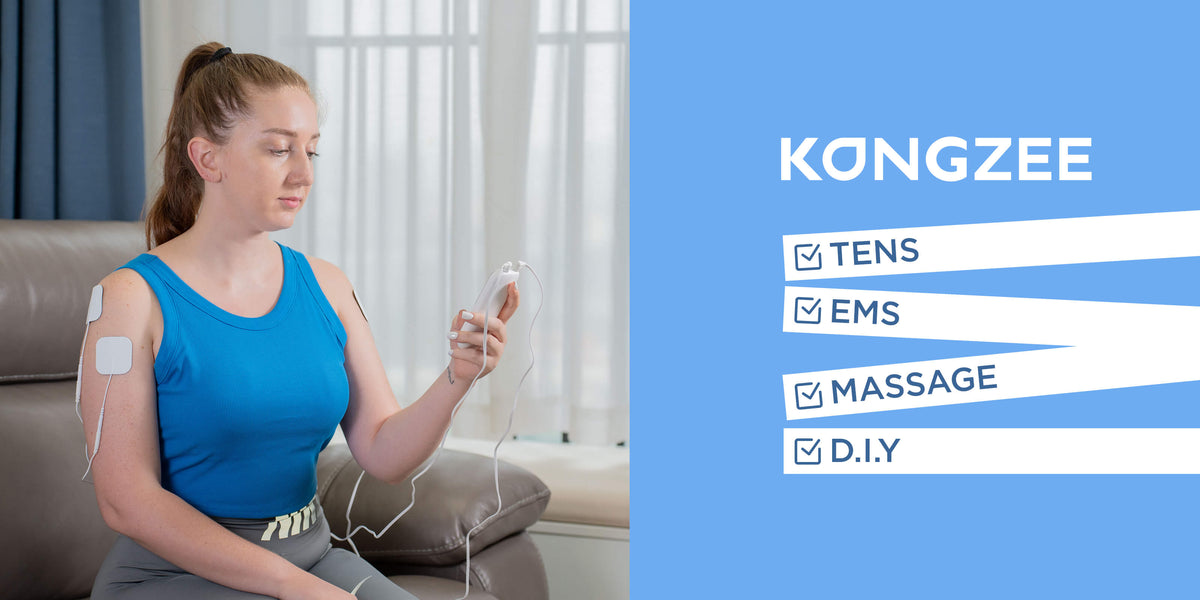 Promotional video demonstration of Kongzee 4-in-1 TENS EMS muscle stimulator for effective drug-free pain relief and recovery